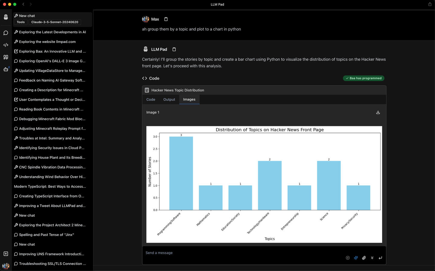 A web lookup of HackerNews and Python sorting by topic, using tools in chat.